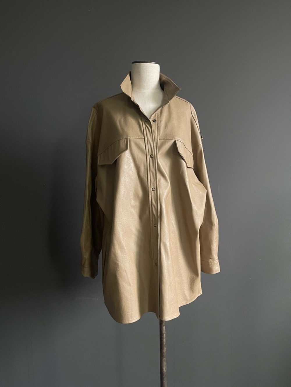 Oak + Fort Vegan Leather Shirt Jacket Oversized Minimalist Neutral Coat Capsule